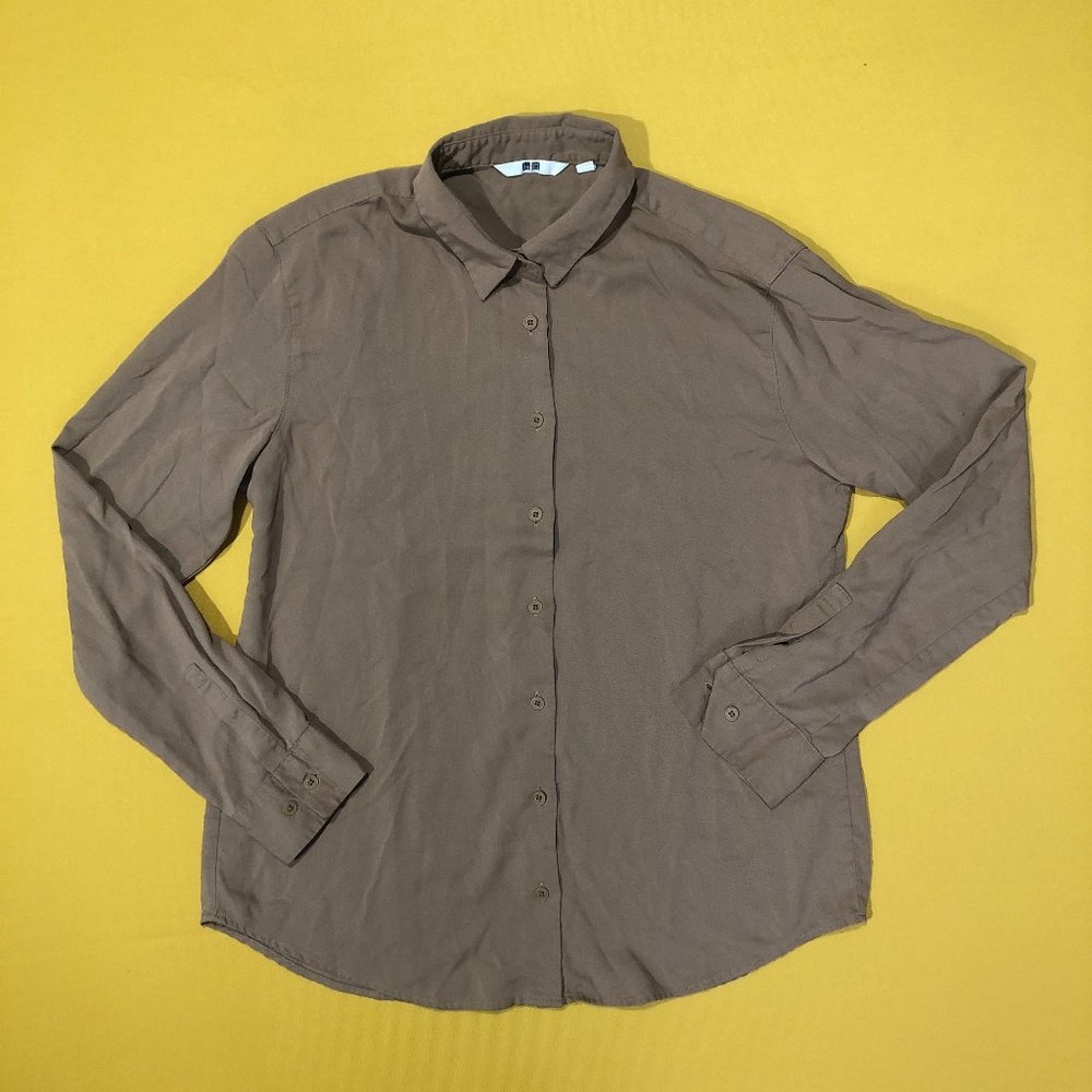 Uniqlo Womens Size S Blouse Rayon Long-Sleeve Blouse Button Down Brown Shirt